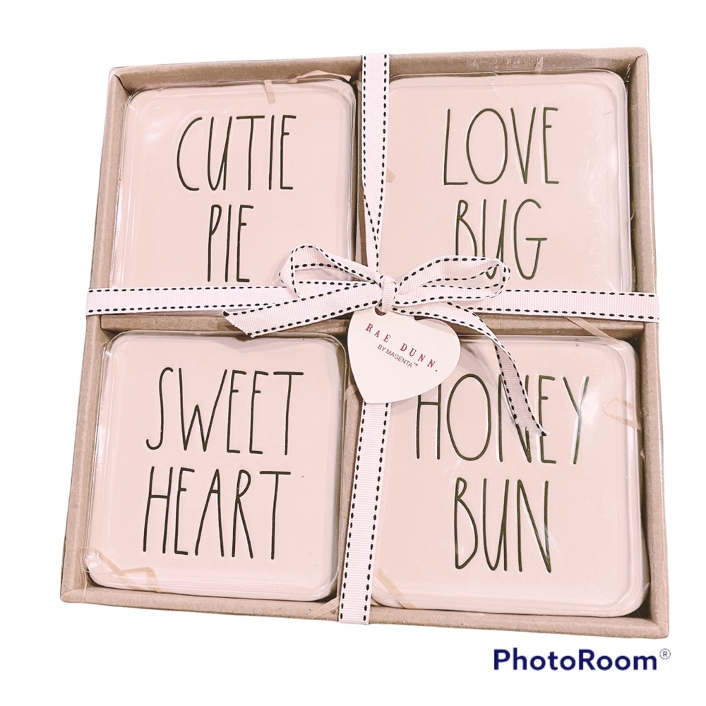 NWT Rae Dunn CUTIE PIE/LOVE BUG/SWEET HEART/HONEY BUN Coaster Set
